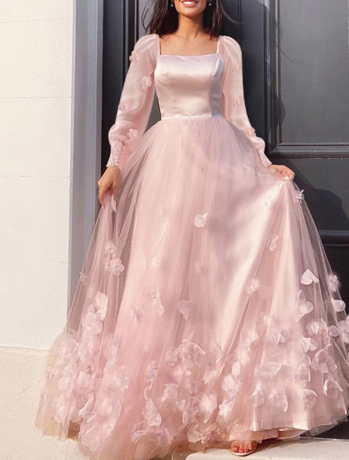 A-Line Prom Dresses Maxi Dress Sweet 16 Birthday Floor Length Long Sleeve Scoop Neck Tulle with Appliques Butterfly