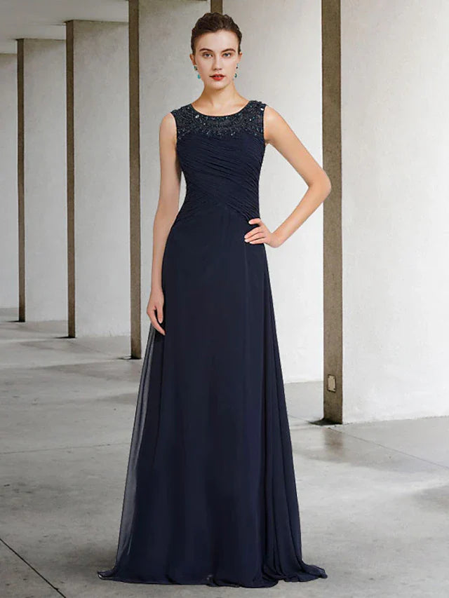 A-Line Mother of the Bride Dress Elegant Jewel Neck Floor Length Chiffon Sleeveless with Pleats Beading