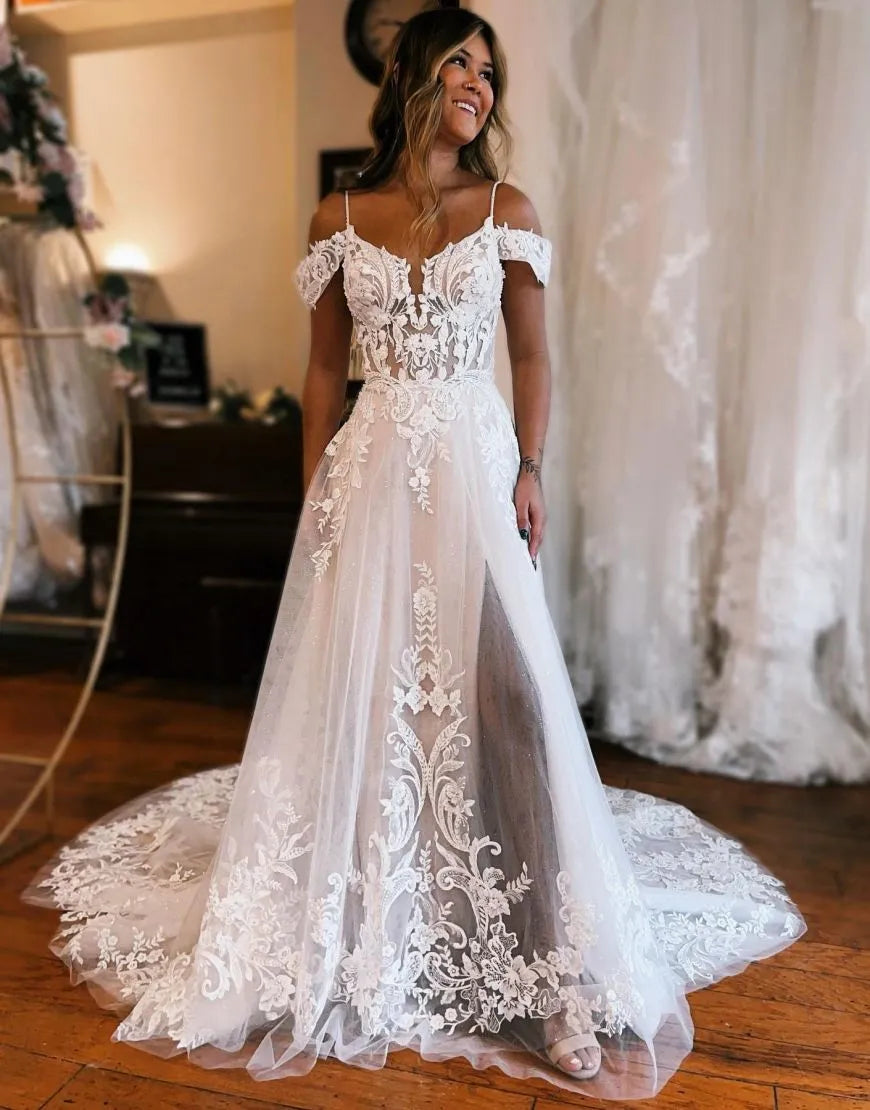 A-Line Off The Shoulder Appliques Wedding Dress