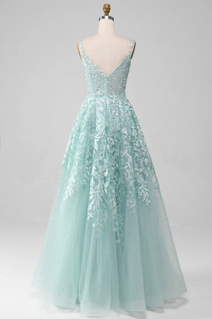 A-Line Glitter Tulle Lace Long Prom Dress