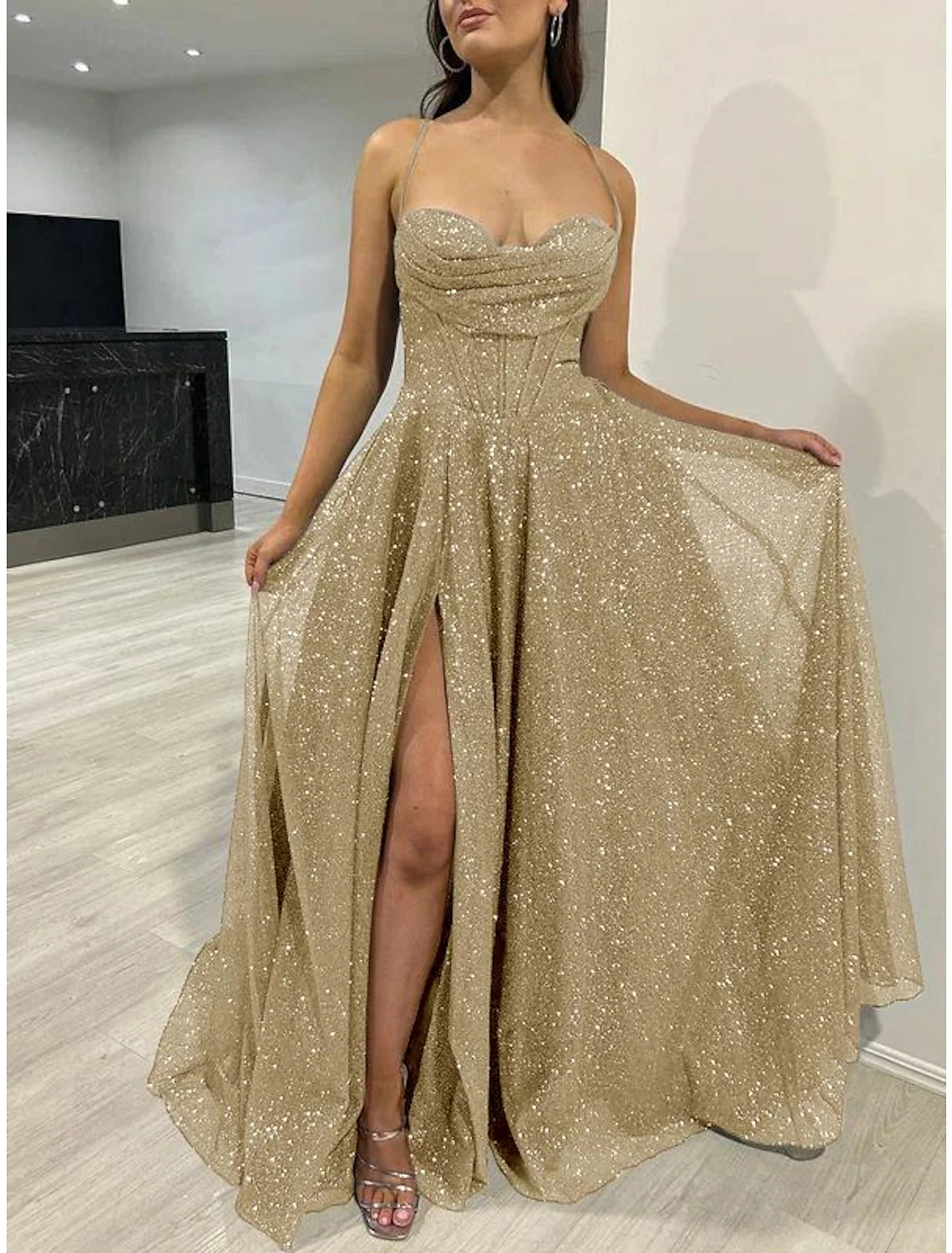 A-Line Prom Dresses Corsets Dress Wedding Guest Wedding Party Sweep / Brush Train Sleeveless Spaghetti Strap Fall Wedding Reception Tulle with Glitter Pleats