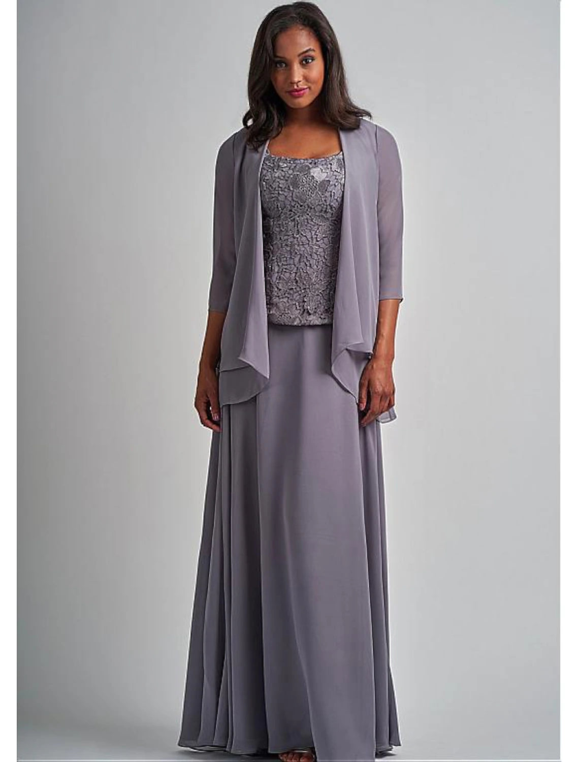 Two Piece A-Line Mother of the Bride Dress Elegant Square Neck Floor Length Chiffon Lace 3/4 Length Sleeve Wrap Included with Appliques