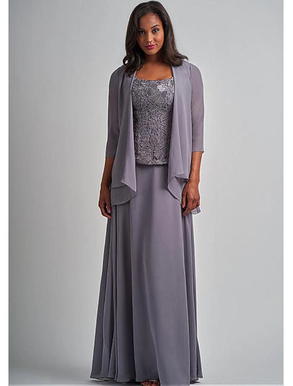 Two Piece A-Line Mother of the Bride Dress Elegant Square Neck Floor Length Chiffon Lace 3/4 Length Sleeve Wrap Included with Appliques