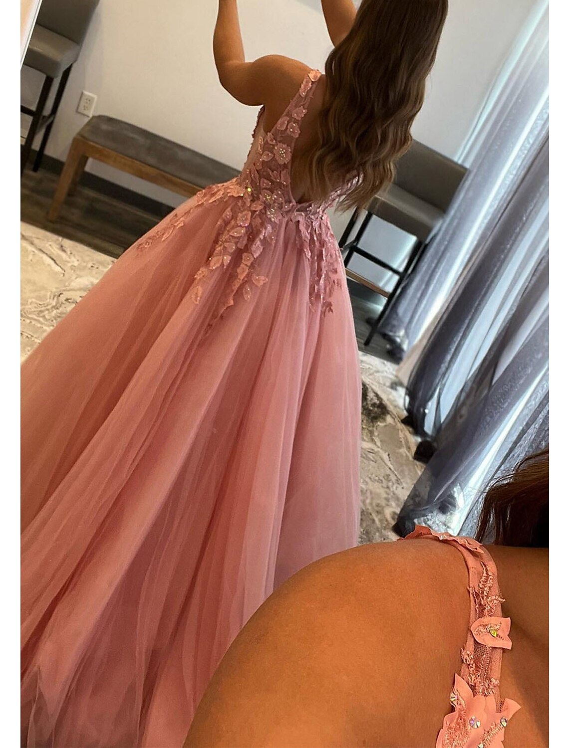 A-Line Prom Dresses Open Back Dress Formal Wedding Guest Floor Length Sleeveless V Neck Tulle Backless with Pleats Beading Appliques