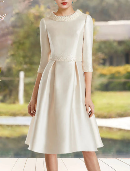 A-Line Mother of the Bride Dress Wedding Guest Elegant Jewel Neck Knee Length Satin Half Sleeve with Beading