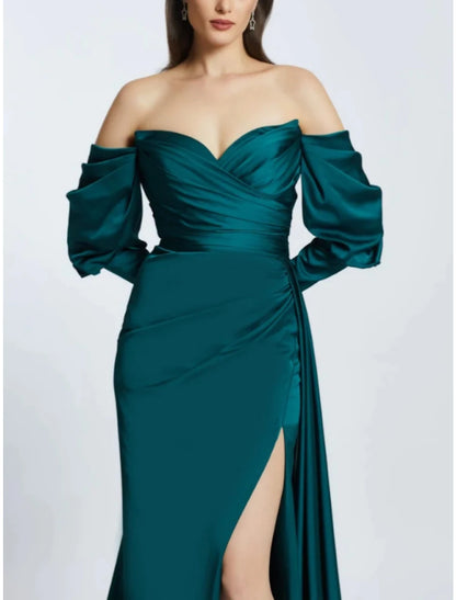 A-Line Evening Gown High Split Dress Formal Sweep / Brush Train Long Sleeve Off Shoulder Satin with Pleats Ruched Slit