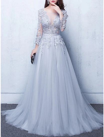 A-Line Evening Gown Party Dress Luxurious Dress Wedding Guest Engagement Chapel Train Half Sleeve Illusion Neck Tulle with Beading Appliques