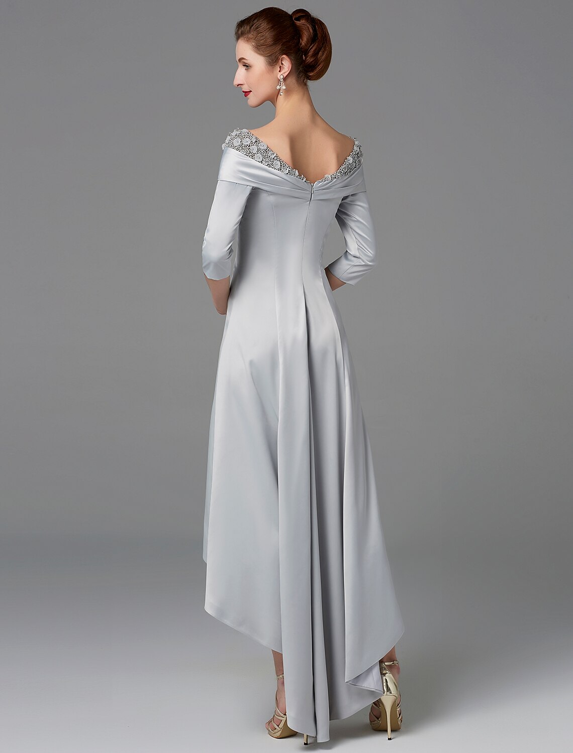 A-Line Mother of the Bride Dress Sparkle & Shine High Low Off Shoulder Asymmetrical Satin Half-Sleeve with Lace Crystals