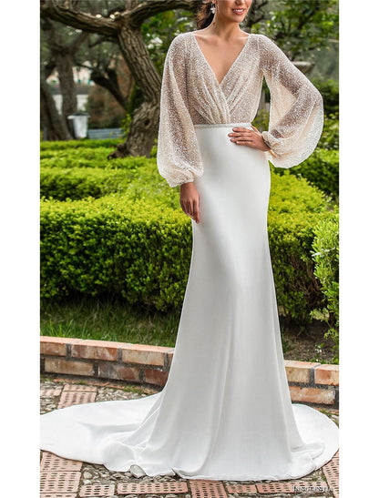 Formal Wedding Dresses Mermaid / Trumpet V Neck Long Sleeve Sweep / Brush Train Sequined Bridal Gowns With Beading Solid Color