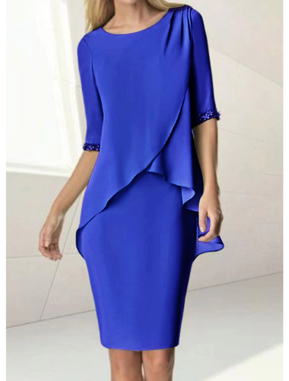 Sheath / Column Mother of the Bride Dress Wedding Guest Elegant Jewel Neck Knee Length Chiffon Half Sleeve with Beading Ruching