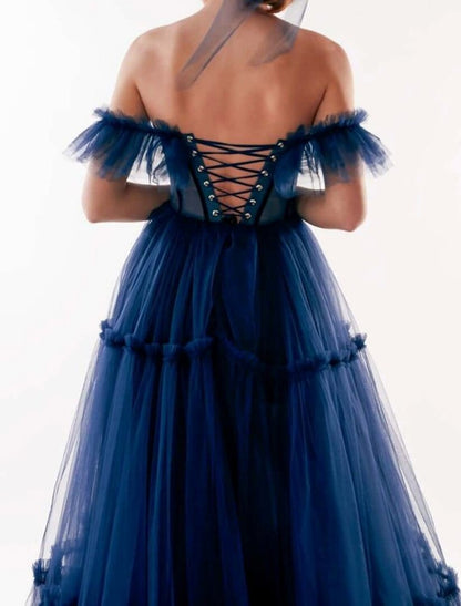 A-Line Prom Dresses Elegant Dress Wedding Guest Floor Length Short Sleeve Off Shoulder Tulle with Pleats Ruffles