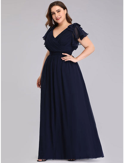 A-Line Mother of the Bride Dress Plus Size V Neck Floor Length Chiffon Short Sleeve with Ruffles Ruching