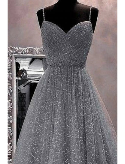 A-Line Prom Dresses Sparkle & Shine Dress Party Wear Floor Length Sleeveless Spaghetti Strap Tulle with Glitter Crystals