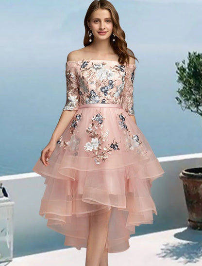 A-Line Prom Dresses Floral Dress Evening Party Asymmetrical Half Sleeve Off Shoulder Satin with Embroidery Appliques