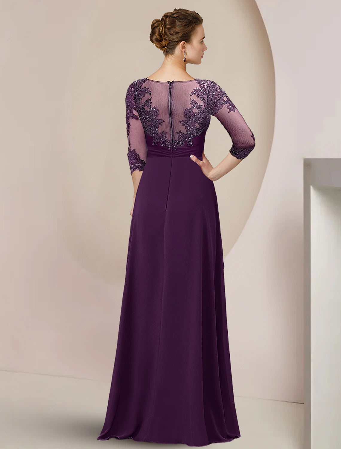 A-Line Mother of the Bride Dress Formal Wedding Guest Elegant High Low Scoop Neck Asymmetrical Floor Length Chiffon Lace 3/4 Length Sleeve with Beading Sequin Appliques