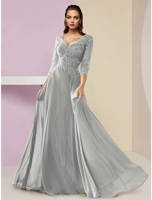 A-Line Mother of the Bride Dress Wedding Guest Party Elegant V Neck Floor Length Chiffon 3/4 Length Sleeve with Sequin Ruching