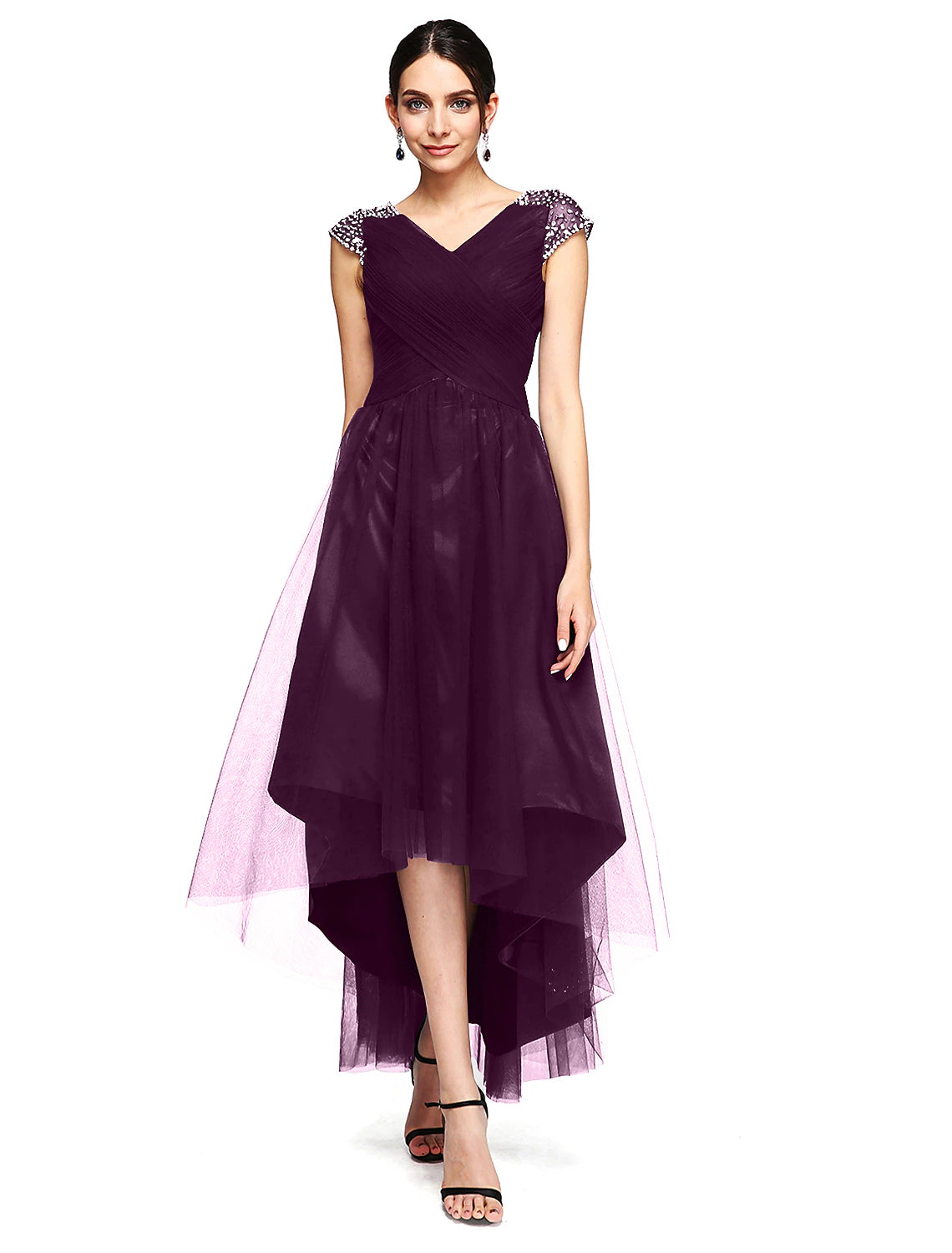 A-Line Special Occasion Dresses Open Back Dress Wedding Guest Prom Asymmetrical Short Sleeve V Neck Tulle with Criss Cross Beading