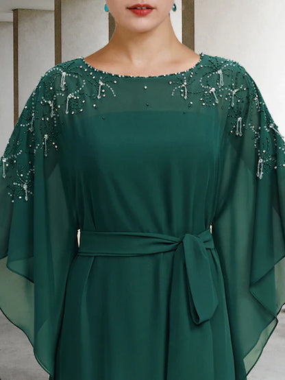 A-Line Mother of the Bride Dress Luxurious Elegant Jewel Neck Floor Length Chiffon Half Sleeve with Sash / Ribbon Beading