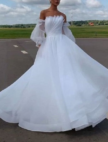 Beach Casual Wedding Dresses A-Line Off Shoulder Long Sleeve Court Train Organza Bridal Gowns With Solid Color