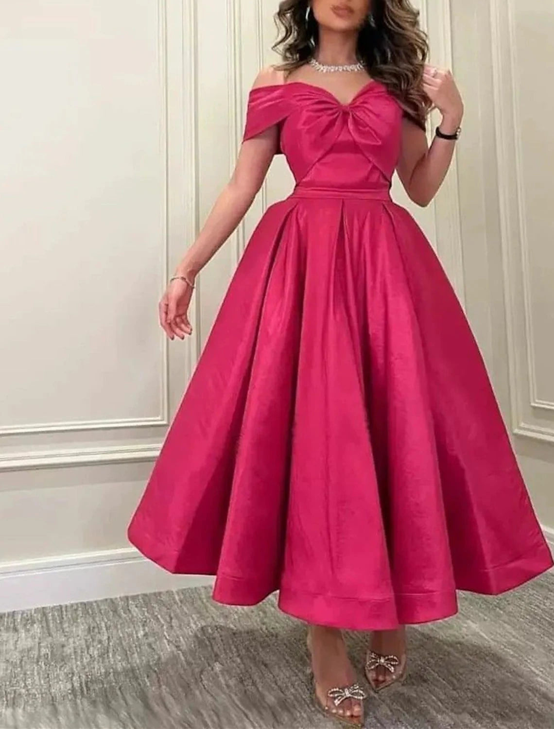 A-Line Cocktail Dresses Elegant Dress Wedding Guest Summer Ankle Length Sleeveless Off Shoulder Satin with Pleats