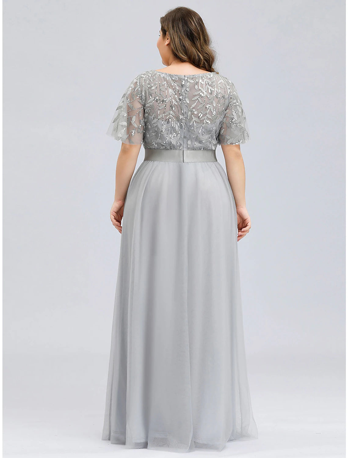 A-Line Prom Dresses Plus Size Dress Wedding Guest Floor Length Short Sleeve Jewel Neck Chiffon with Appliques