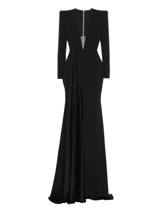 A-Line Evening Gown Elegant Black Champagne Dress Plus Size Dress Formal Sweep / Brush Train Long Sleeve V Neck Stretch Fabric with Pleats Slit