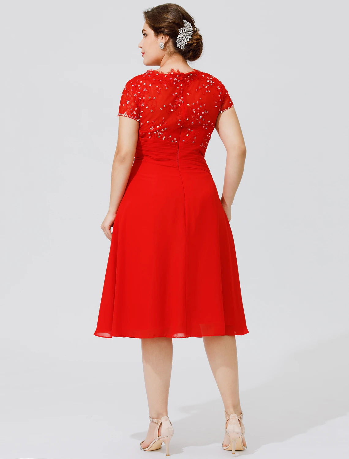 A-Line Mother of the Bride Dress Elegant & Luxurious Beautiful Back Plus Size Jewel Neck Knee Length Chiffon Beaded Lace Short Sleeve No with Pleats Beading Flower