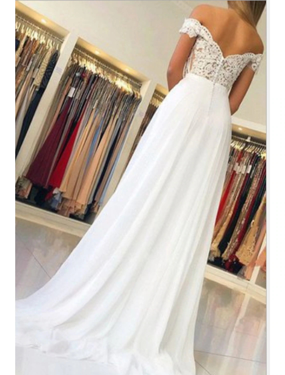 Beach Wedding Dresses A-Line Off Shoulder Cap Sleeve Sweep / Brush Train Chiffon Bridal Gowns With Pleats Appliques