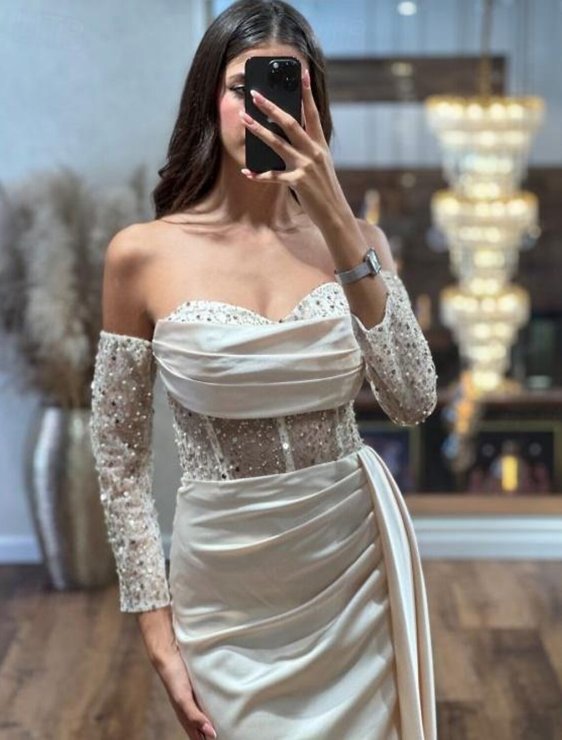 Sheath / Column Prom Dresses Elegant Dress Formal Prom Floor Length Long Sleeve Sweetheart Satin with Sequin Slit