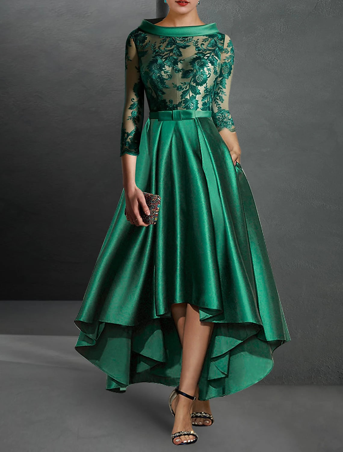 A-Line Cocktail Dress Red Green Dresses Elegant Dress Red Green Dress Formal Asymmetrical 3/4 Length Sleeve Jewel Neck Fall Wedding Guest Satin with Pleats Appliques