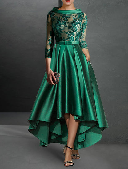 A-Line Cocktail Dress Red Green Dresses Elegant Dress Red Green Dress Formal Asymmetrical 3/4 Length Sleeve Jewel Neck Fall Wedding Guest Satin with Pleats Appliques