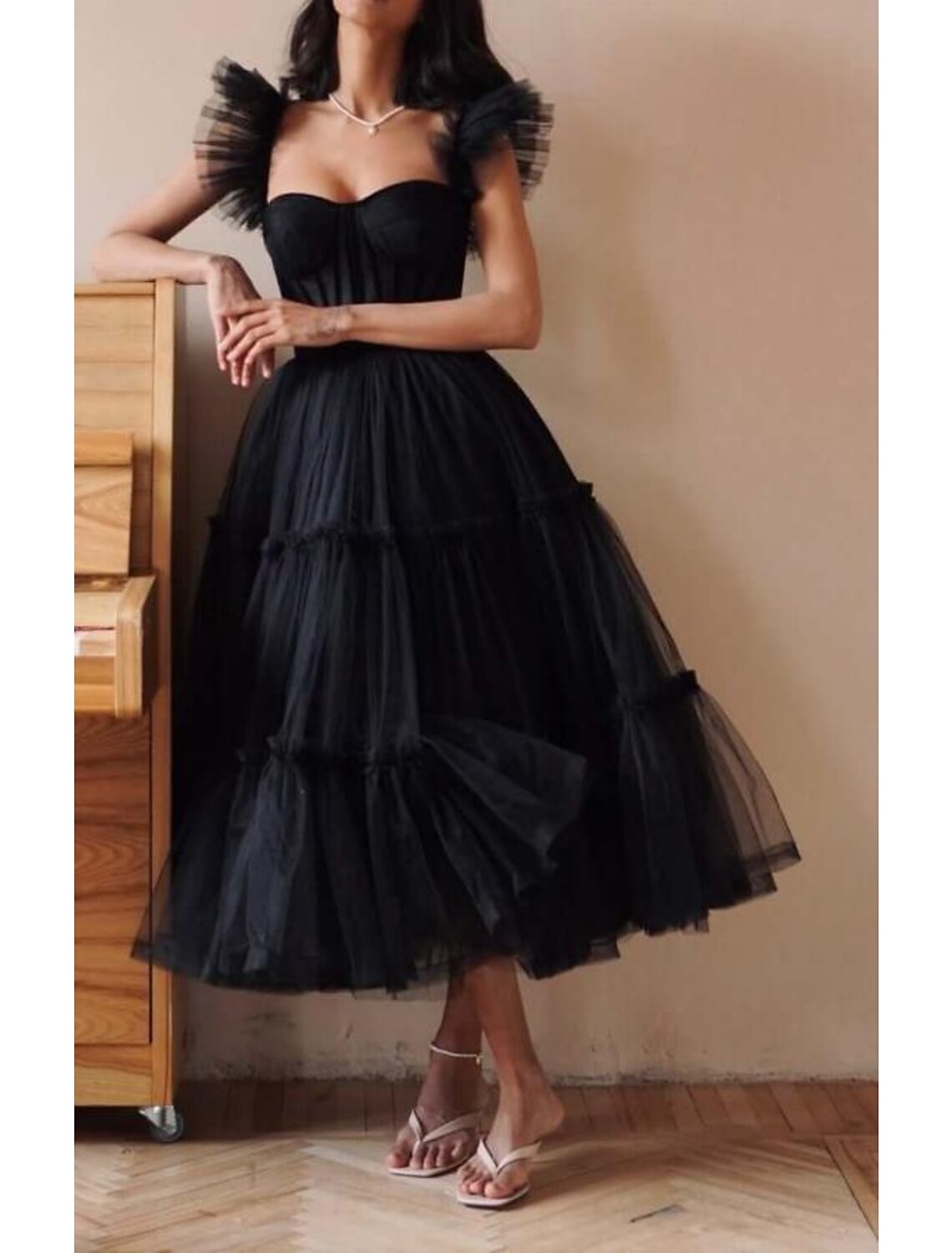 A-Line Prom Dresses Vintage Dress Masquerade Ankle Length Sleeveless Sweetheart Wednesday Addams Family Tulle Crisscross Back with Pleats Ruffles