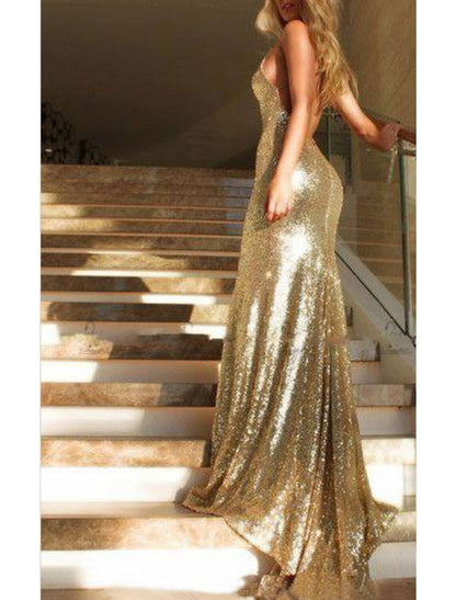 Mermaid / Trumpet Evening Gown Sparkle Dress Engagement Prom Sweep / Brush Train Sleeveless V Neck Sequined with Sequin