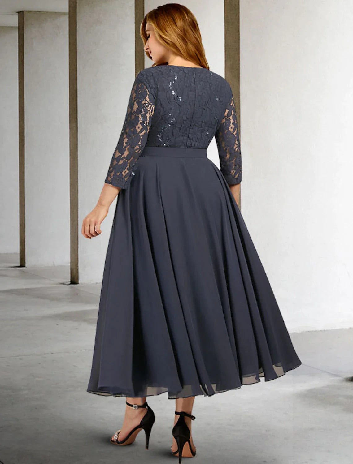 A-Line Mother of the Bride Dresses Plus Size Hide Belly Curve Elegant Dress Formal Tea Length 3/4 Length Sleeve Jewel Neck Chiffon with Pleats