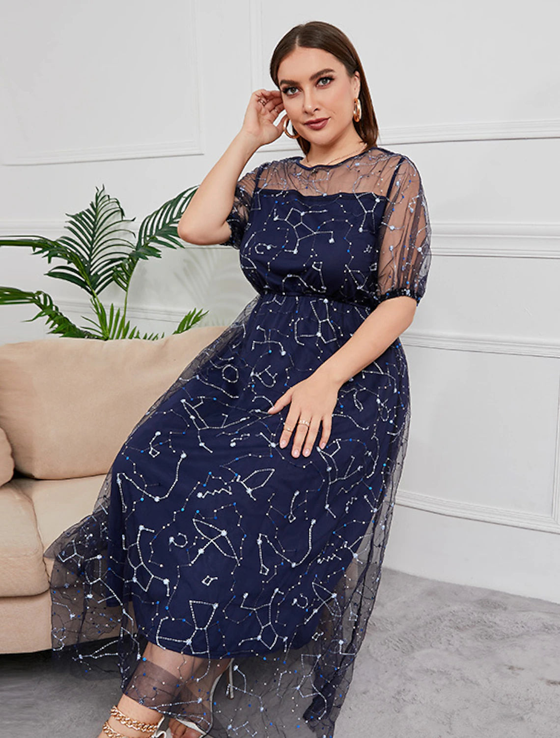 Plus Size Curve Mother of the Bride Dress Party Sparkle & Shine Scoop Neck Ankle Length Tulle Half Sleeve with Sequin Embroidery