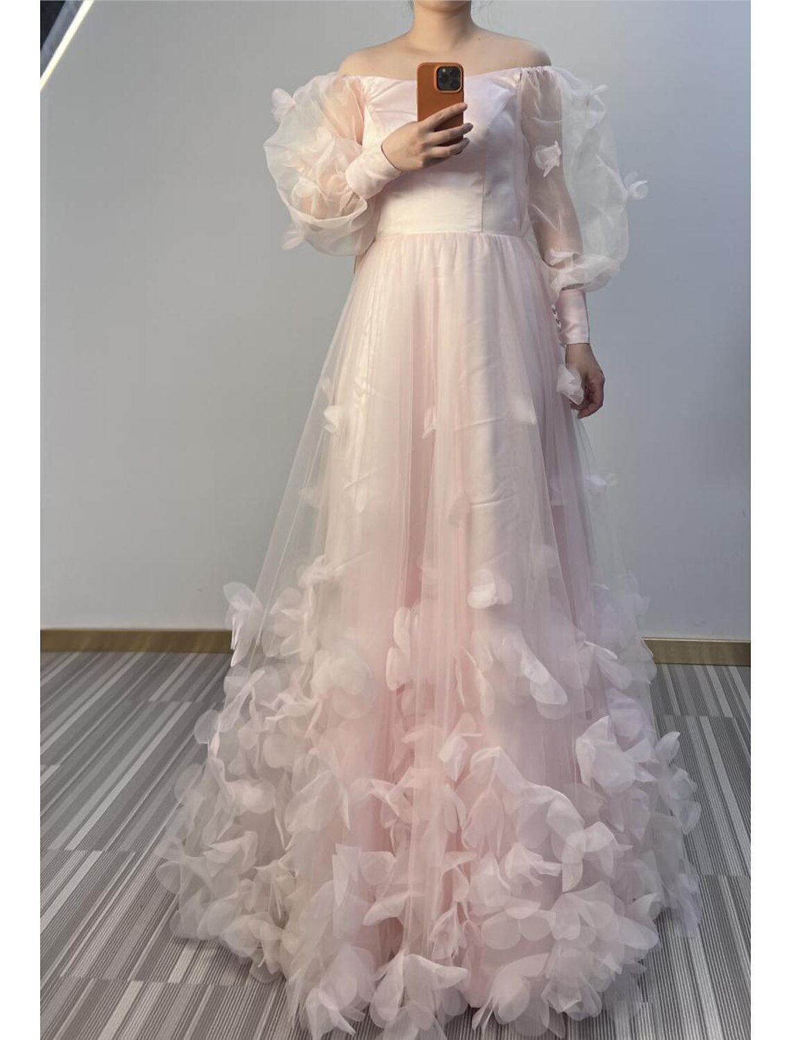 A-Line Prom Dresses Maxi Dress Sweet 16 Birthday Floor Length Long Sleeve Scoop Neck Tulle with Appliques Butterfly