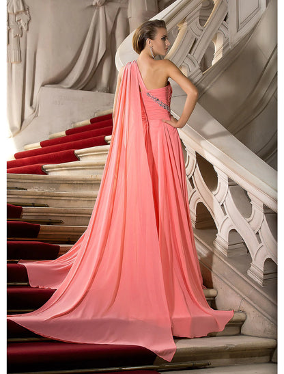 A-Line Elegant Dress Wedding Guest Engagement Court Train Sleeveless One Shoulder Chiffon with Crystals Draping