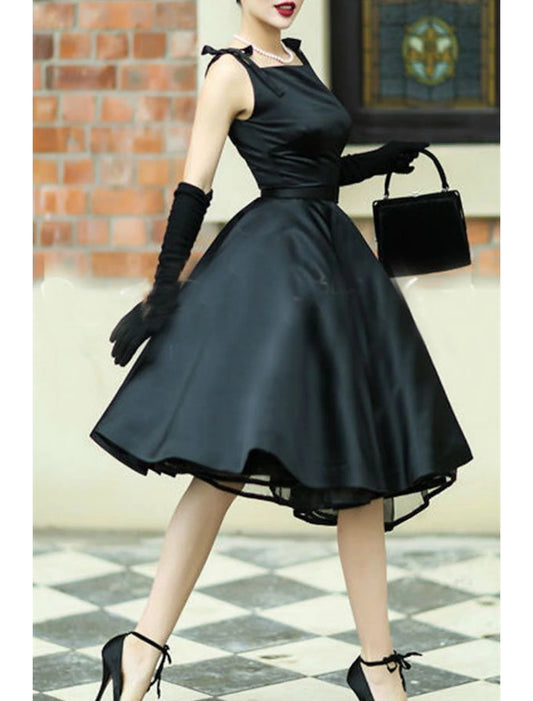 A-Line Cocktail Black Dress Vintage Dress Graduation Wedding Guest Tea Length Sleeveless Square Neck Satin with Sash / Ribbon Bow(s) Pure Color