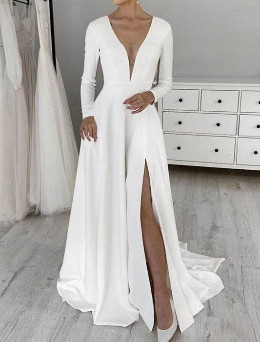 Hall Simple Wedding Dresses A-Line V Neck Long Sleeve Sweep / Brush Train Stretch Fabric Bridal Gowns