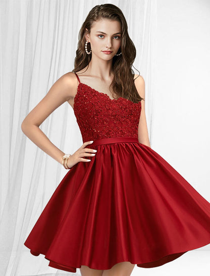 A-Line Cocktail Dresses Minimalist Dress Homecoming Short / Mini Sleeveless V Neck Satin with Pleats