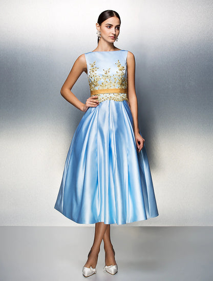 A-Line Party Dress Wedding Guest Tea Length Sleeveless Jewel Neck Satin V Back with Pleats Appliques