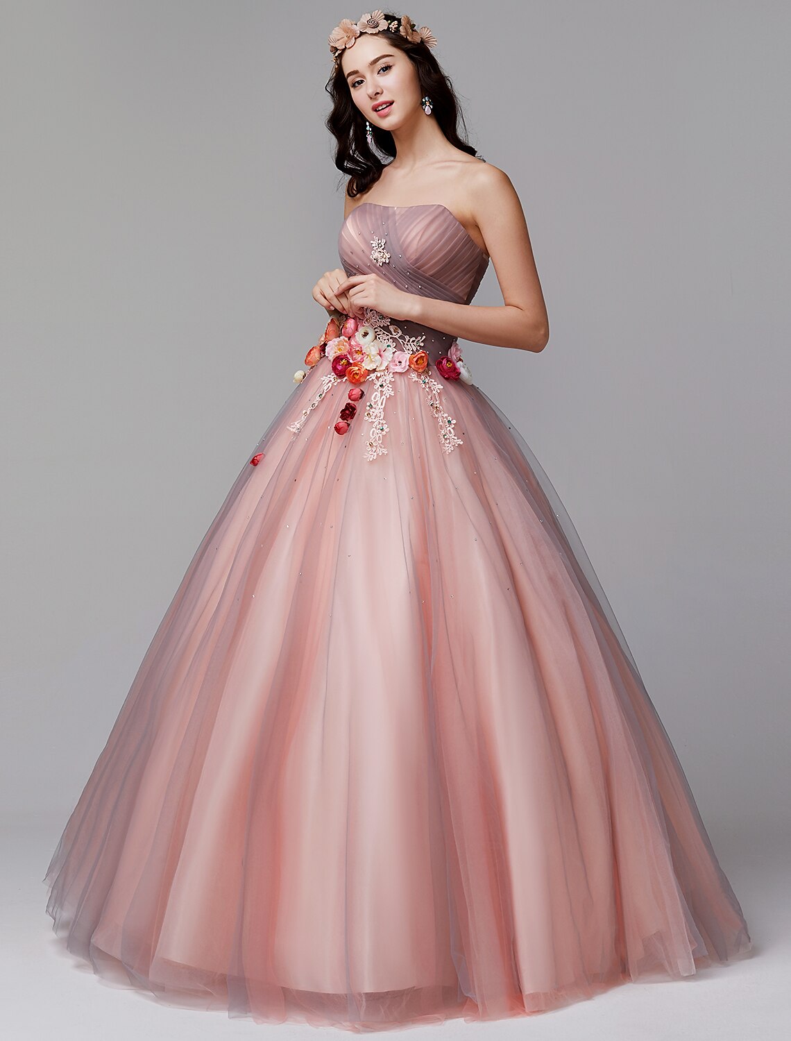 Ball Gown Floral Formal Evening Dress Strapless Sleeveless Floor Length Tulle with Pleats Flower