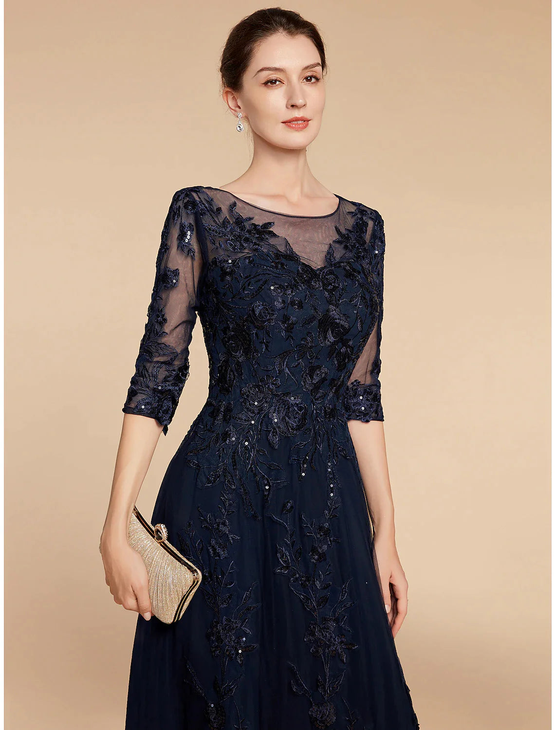 A-Line Mother of the Bride Dress Formal Wedding Guest Elegant Party Scoop Neck Floor Length Chiffon Lace 3/4 Length Sleeve with Sequin Applique