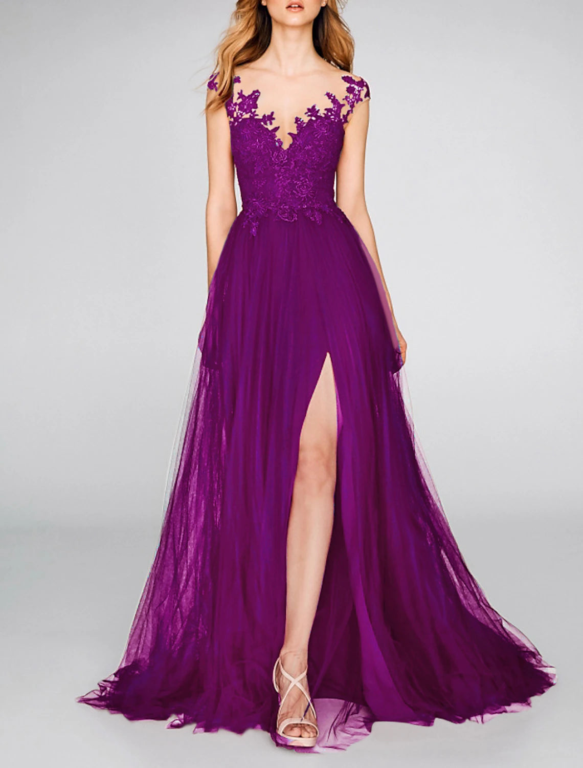 A-Line Evening Gown Party Dress Sexy Dress Engagement Prom Court Train Sleeveless V Neck Chiffon with Slit Appliques