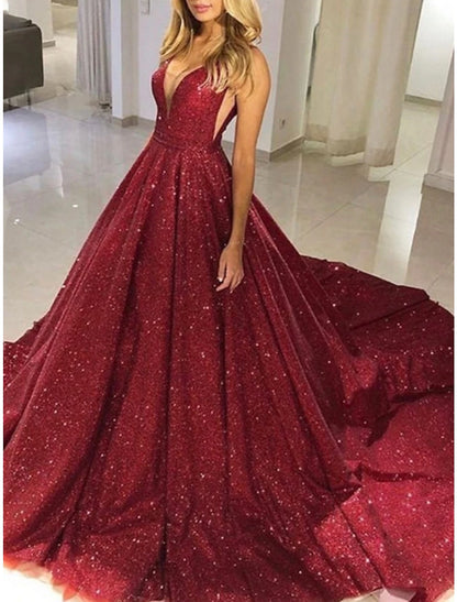 A-Line Prom Dresses Elegant Dress Formal Court Train Red Green Dress Sleeveless V Neck Sequined with Glitter Pleats