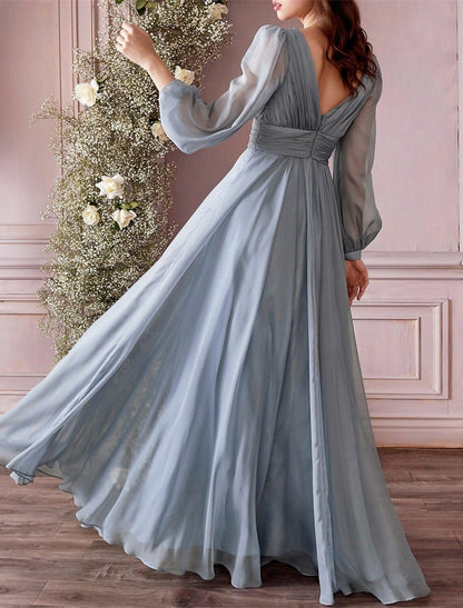 A-Line Bridesmaid Dress V Neck Long Sleeve Blue Floor Length Chiffon with Ruching / Solid Color