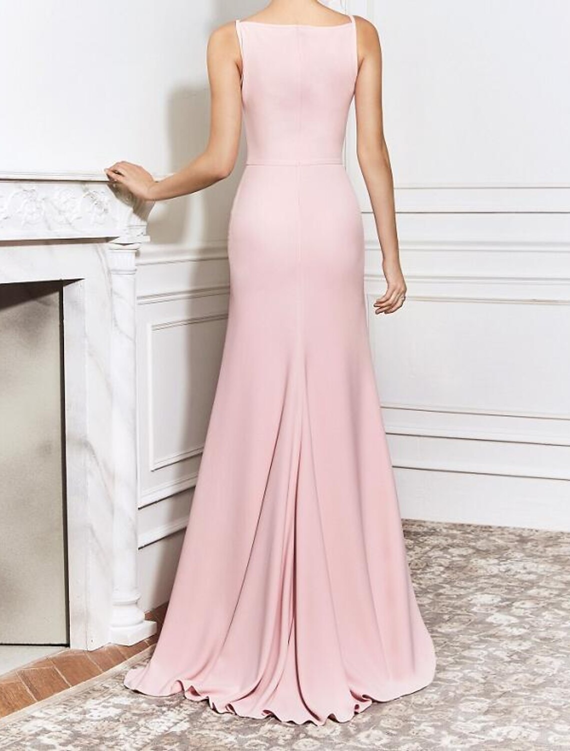 Sheath / Column Elegant Wedding Guest Formal Evening Dress Boat Neck Sleeveless Sweep / Brush Train Polyester with Slit