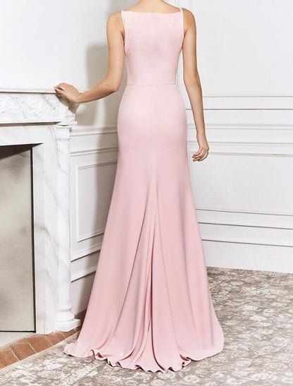 Sheath / Column Elegant Wedding Guest Formal Evening Dress Boat Neck Sleeveless Sweep / Brush Train Polyester with Slit