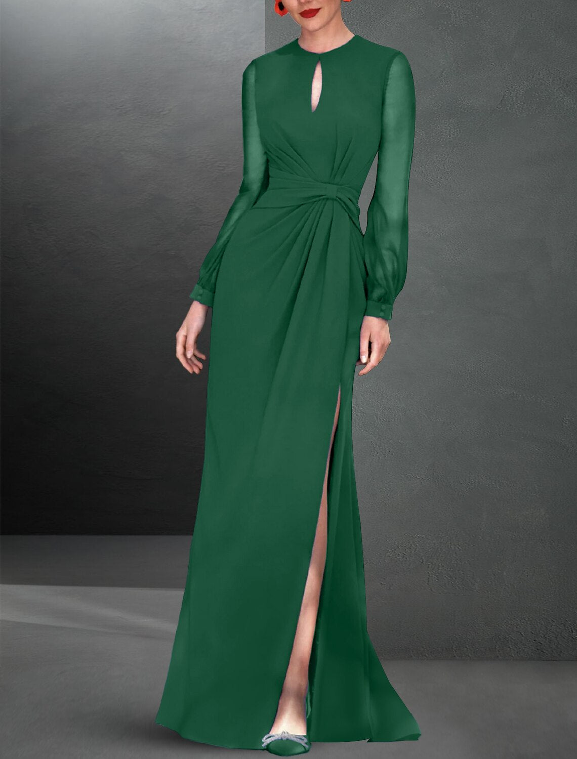 A-Line Evening Gown Elegant Dress Formal Wedding Guest Floor Length Long Sleeve Jewel Neck Stretch Chiffon with Ruched Slit