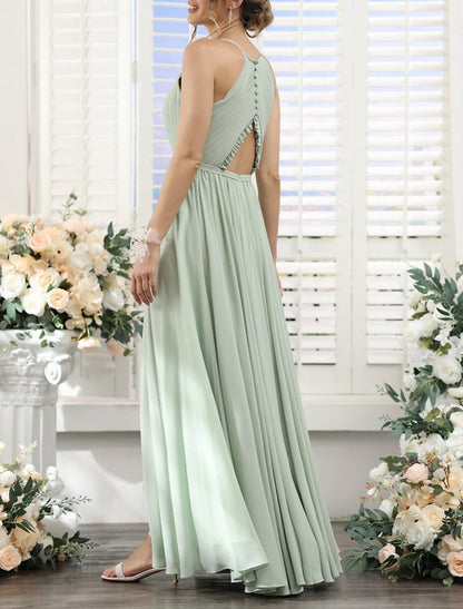 A-Line Bridesmaid Dress Halter Short Sleeve Elegant Floor Length Chiffon with Split Front / Ruching